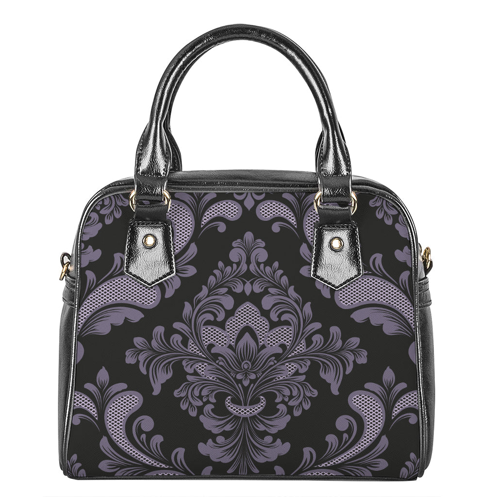 Black And Purple Damask Pattern Print Shoulder Handbag