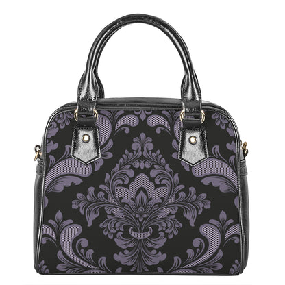 Black And Purple Damask Pattern Print Shoulder Handbag