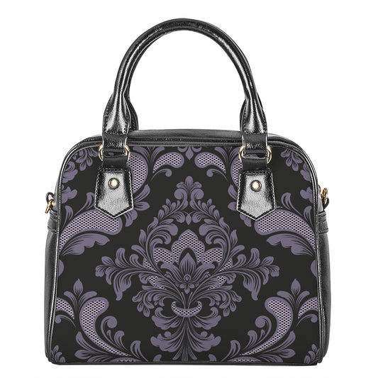 Black And Purple Damask Pattern Print Shoulder Handbag