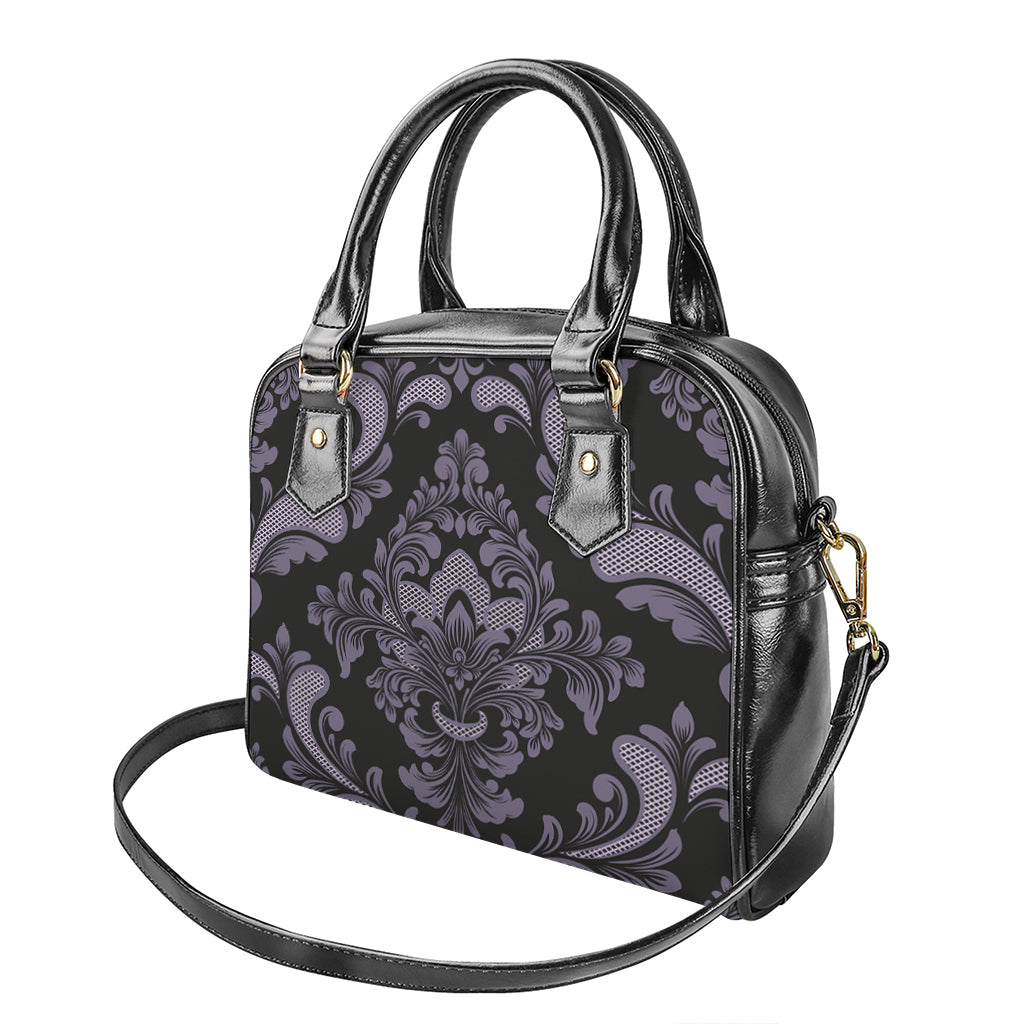 Black And Purple Damask Pattern Print Shoulder Handbag