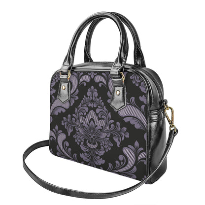 Black And Purple Damask Pattern Print Shoulder Handbag