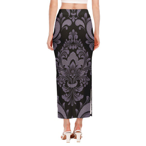 Black And Purple Damask Pattern Print Side Slit Maxi Skirt