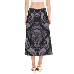 Black And Purple Damask Pattern Print Side Slit Midi Skirt