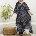 Black And Purple Damask Pattern Print Silk V-Neck Kaftan Dress