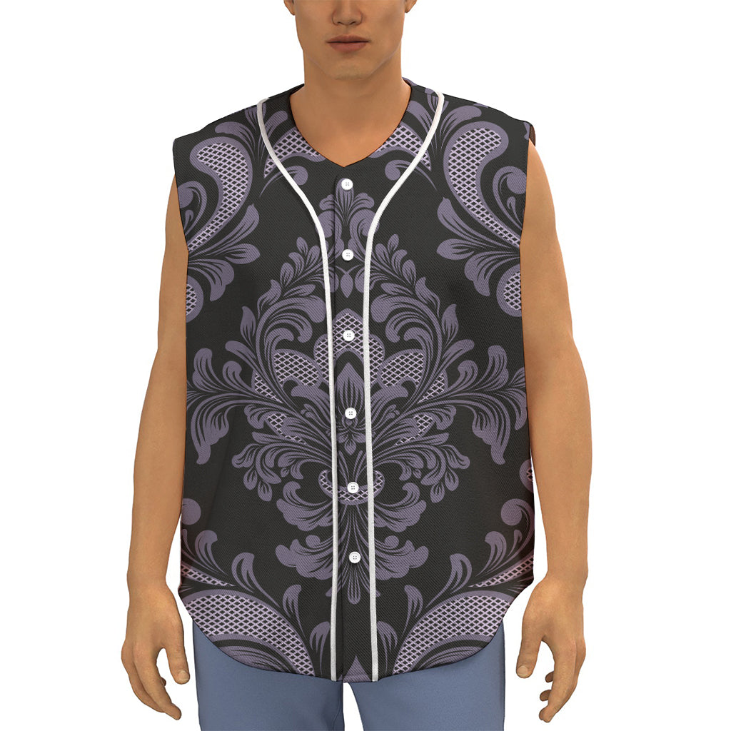 Black And Purple Damask Pattern Print Sleeveless Baseball Jersey