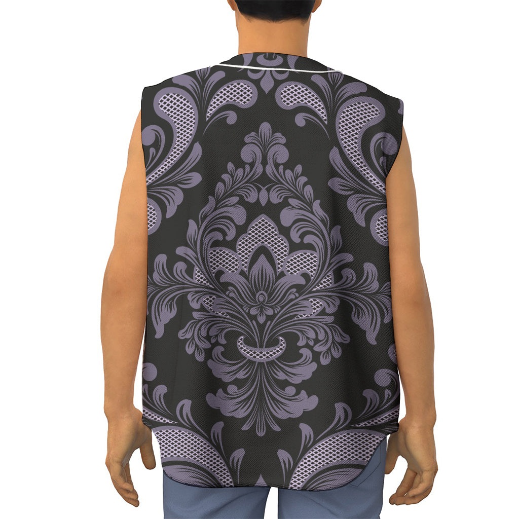 Black And Purple Damask Pattern Print Sleeveless Baseball Jersey
