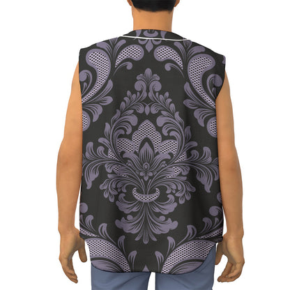 Black And Purple Damask Pattern Print Sleeveless Baseball Jersey