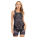 Black And Purple Damask Pattern Print Sleeveless One Piece Swimsuit