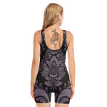 Black And Purple Damask Pattern Print Sleeveless One Piece Swimsuit