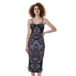 Black And Purple Damask Pattern Print Slim Fit Midi Cami Dress
