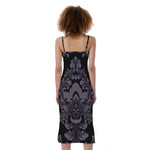 Black And Purple Damask Pattern Print Slim Fit Midi Cami Dress