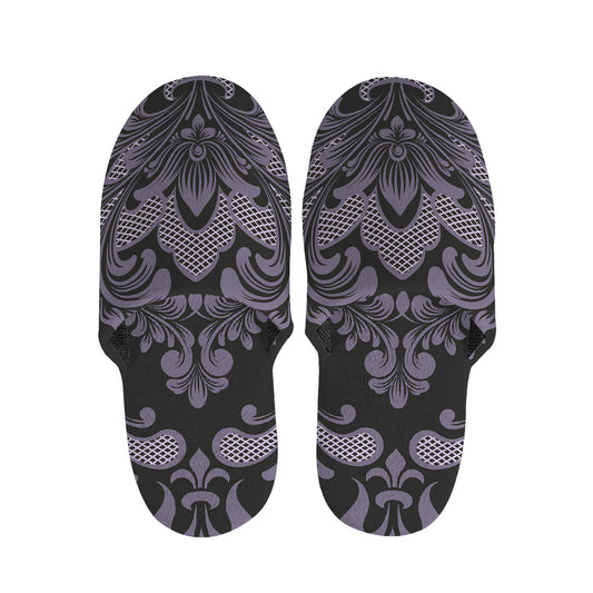 Black And Purple Damask Pattern Print Slippers