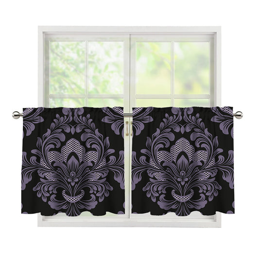 Black And Purple Damask Pattern Print Tier Curtains