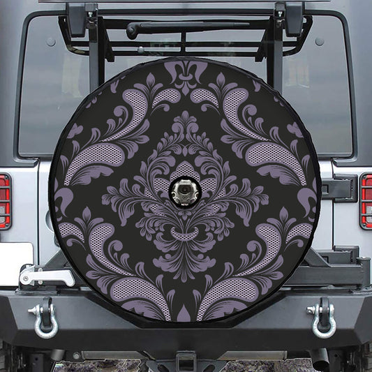 Black And Purple Damask Pattern Print Tire Cover With Camera Hole