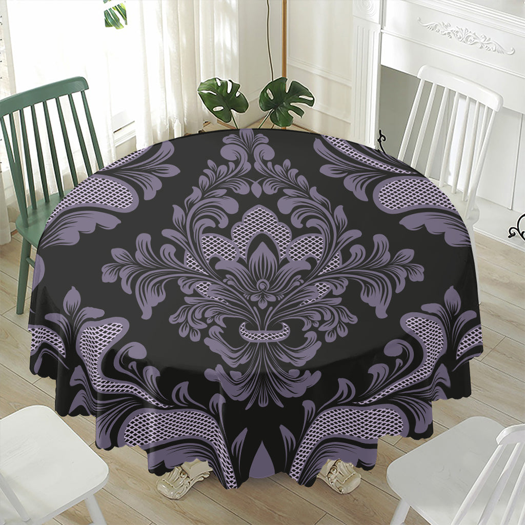 Black And Purple Damask Pattern Print Waterproof Round Tablecloth