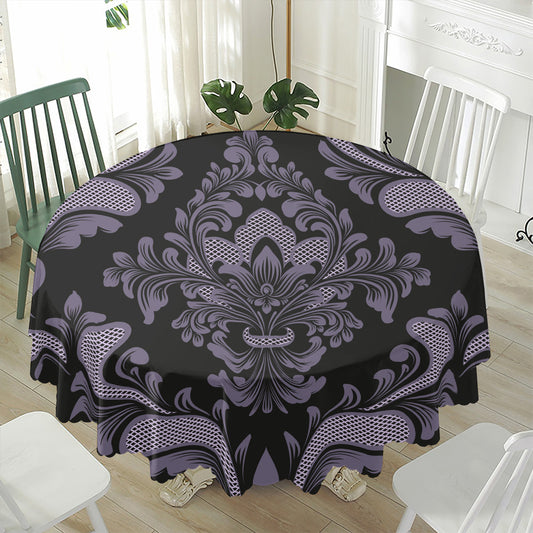 Black And Purple Damask Pattern Print Waterproof Round Tablecloth