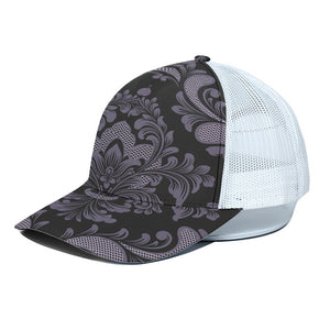 Black And Purple Damask Pattern Print White Mesh Trucker Cap