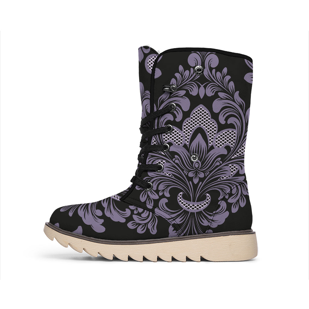 Black And Purple Damask Pattern Print Winter Boots