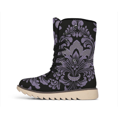 Black And Purple Damask Pattern Print Winter Boots