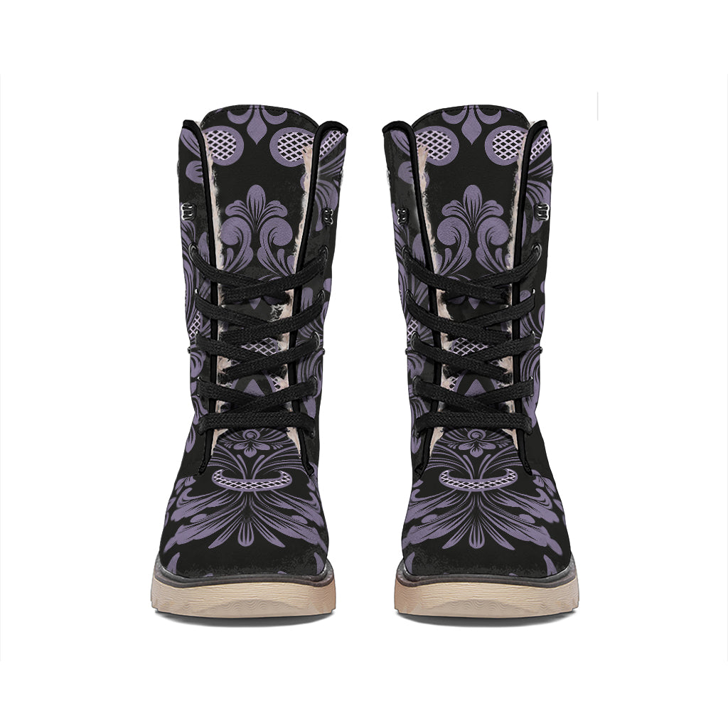 Black And Purple Damask Pattern Print Winter Boots