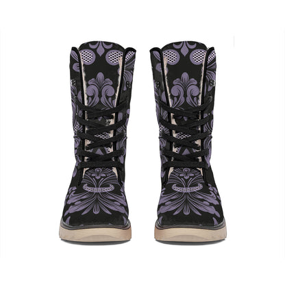 Black And Purple Damask Pattern Print Winter Boots