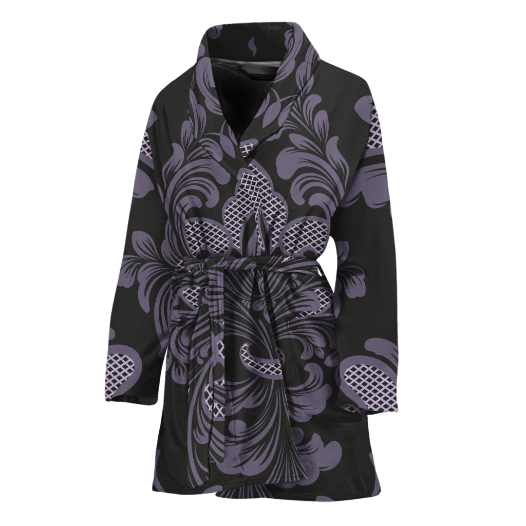 Black And Purple Damask Pattern Print Women's Bathrobe