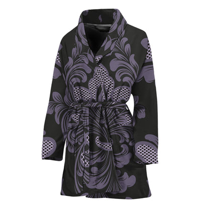 Black And Purple Damask Pattern Print Women's Bathrobe