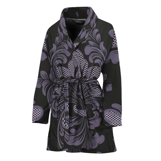 Black And Purple Damask Pattern Print Women's Bathrobe