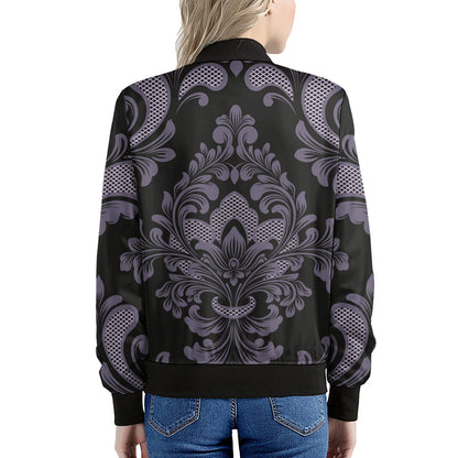 Black And Purple Damask Pattern Print Women's Bomber Jacket