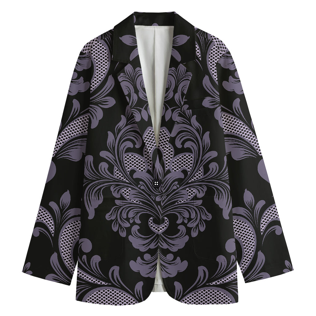 Black And Purple Damask Pattern Print Women's Cotton Blazer