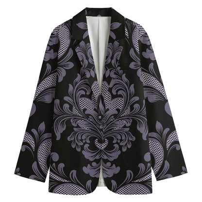 Black And Purple Damask Pattern Print Women's Cotton Blazer