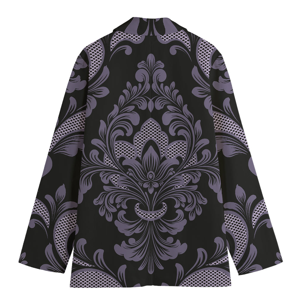 Black And Purple Damask Pattern Print Women's Cotton Blazer
