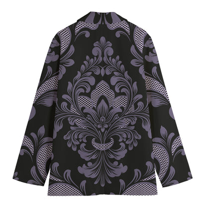 Black And Purple Damask Pattern Print Women's Cotton Blazer