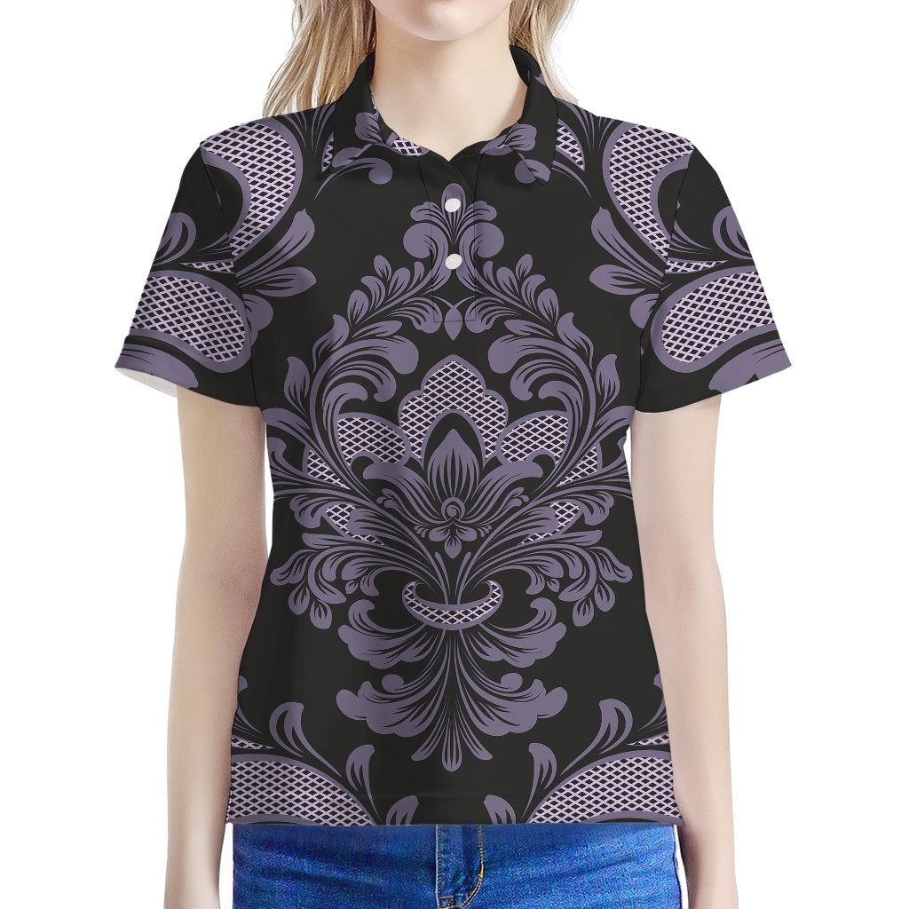 Black And Purple Damask Pattern Print Women's Polo Shirt