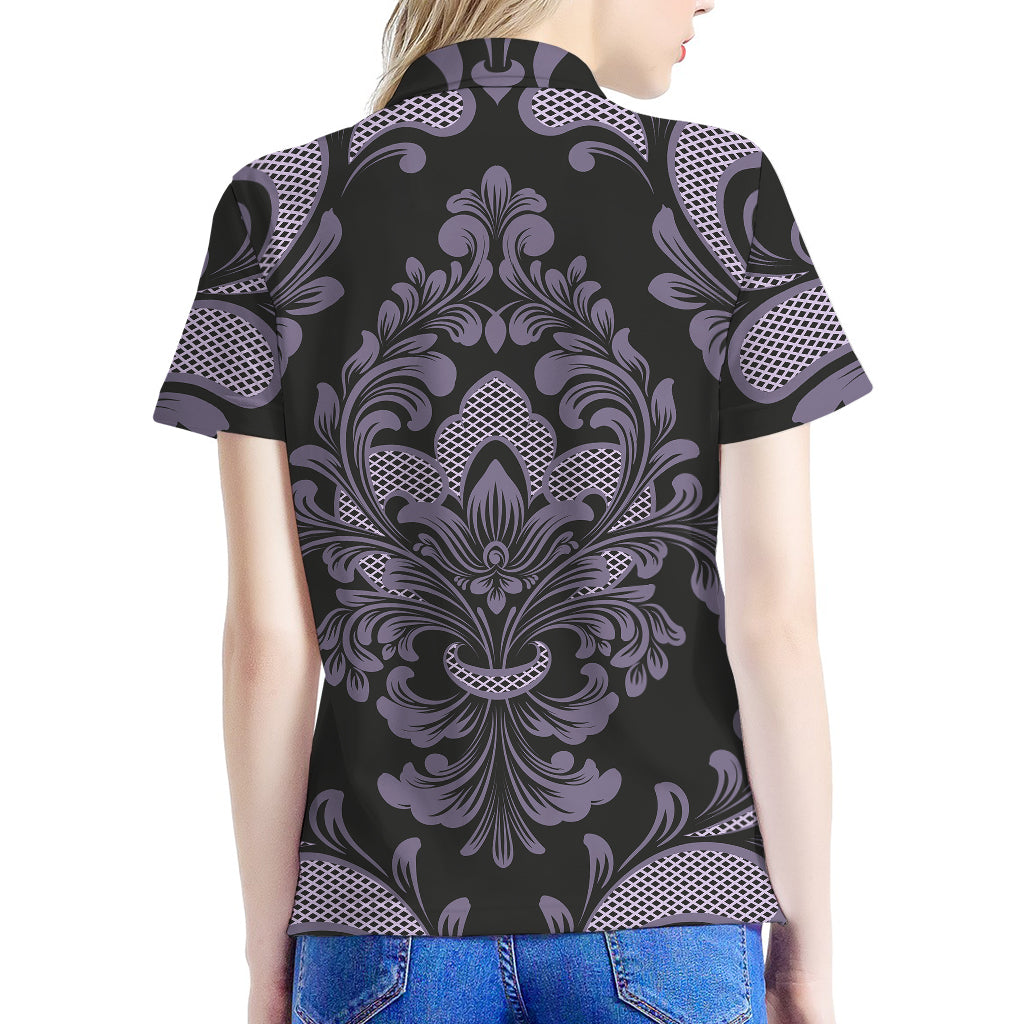 Black And Purple Damask Pattern Print Women's Polo Shirt