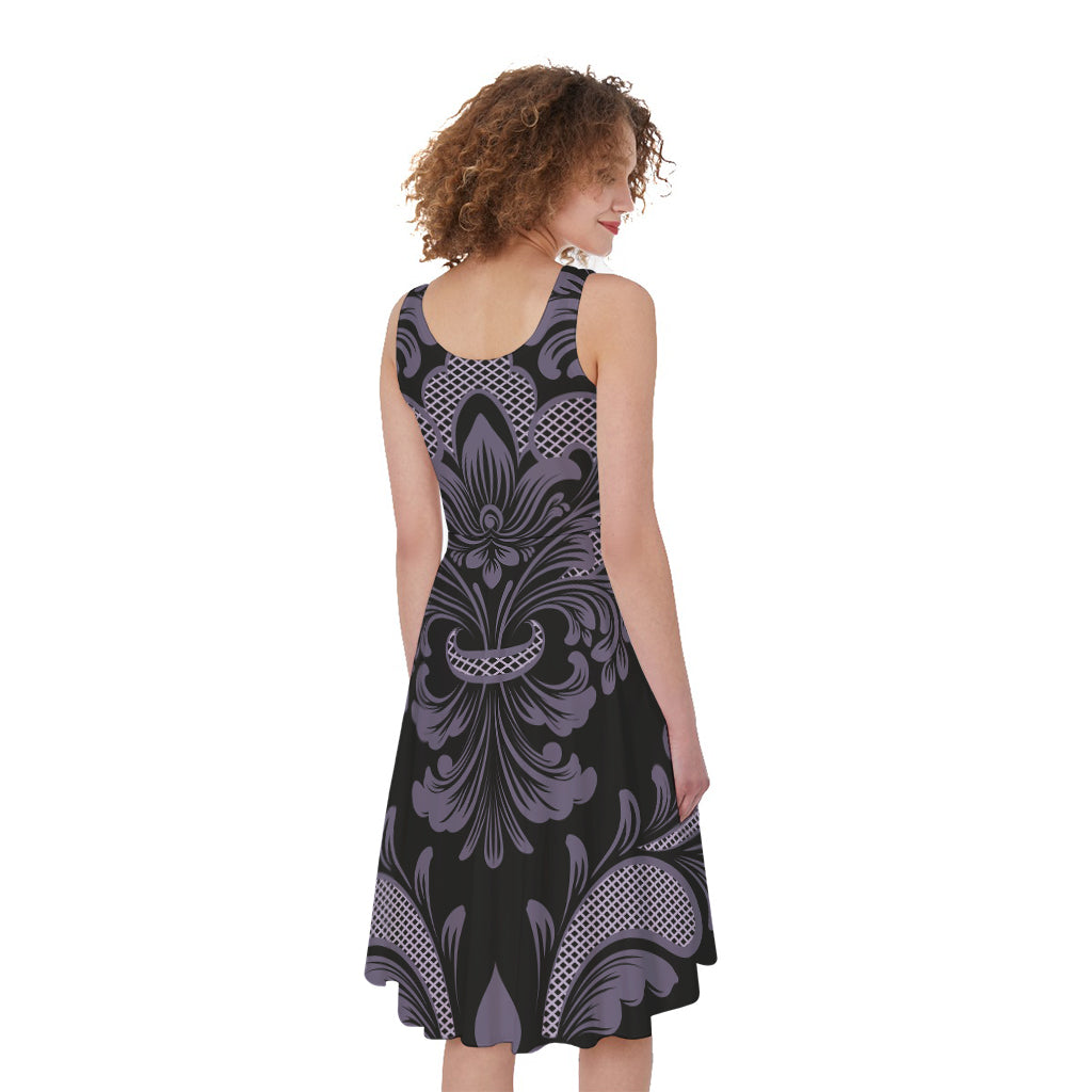 Black And Purple Damask Pattern Print Women's Sleeveless Dress