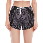 Black And Purple Damask Pattern Print Women's Split Running Shorts