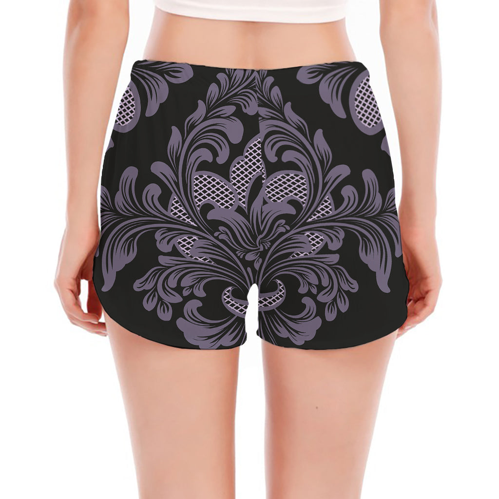 Black And Purple Damask Pattern Print Women's Split Running Shorts