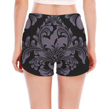 Black And Purple Damask Pattern Print Women's Split Running Shorts