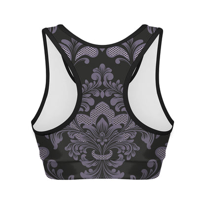 Black And Purple Damask Pattern Print Women's Sports Bra
