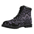 Black And Purple Damask Pattern Print Padded Collar Lace Up Boots