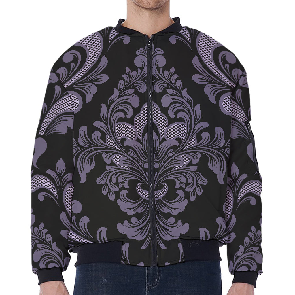 Black And Purple Damask Pattern Print Zip Sleeve Bomber Jacket
