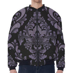Black And Purple Damask Pattern Print Zip Sleeve Bomber Jacket