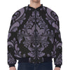 Black And Purple Damask Pattern Print Zip Sleeve Bomber Jacket