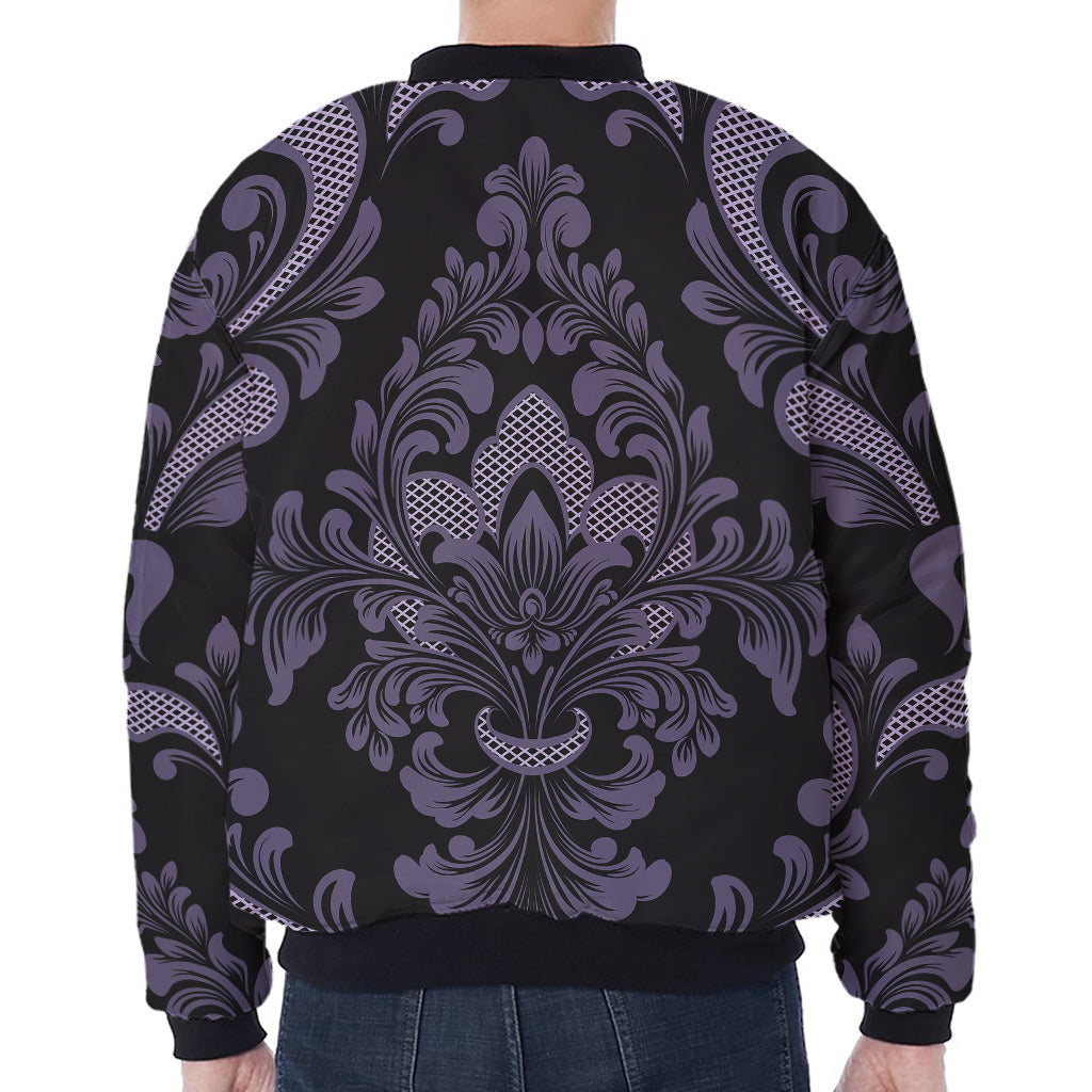 Black And Purple Damask Pattern Print Zip Sleeve Bomber Jacket