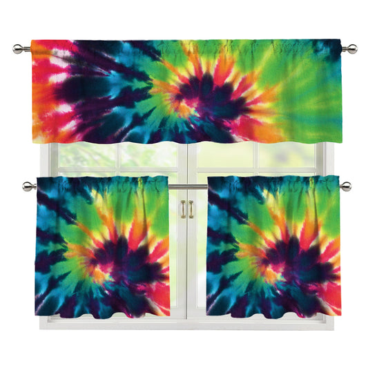 Black And Rainbow Tie Dye Print 3 Piece Kitchen Curtains