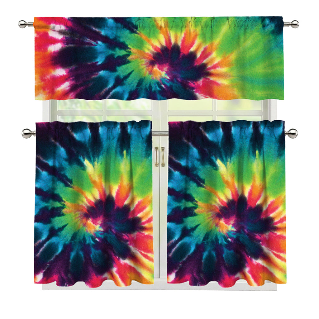 Black And Rainbow Tie Dye Print 3 Piece Kitchen Curtains