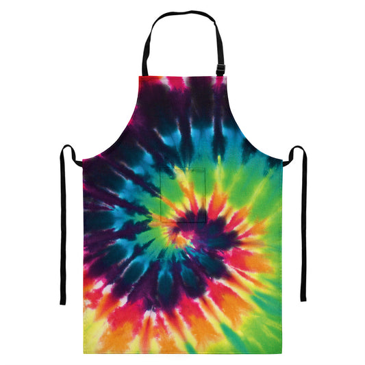 Black And Rainbow Tie Dye Print Bib Apron With Pocket