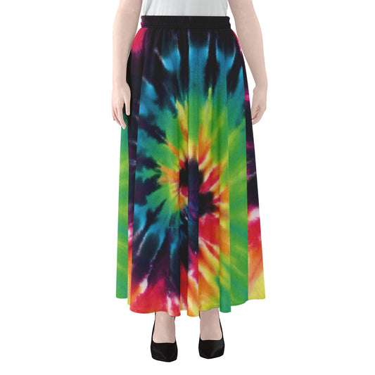 Black And Rainbow Tie Dye Print Chiffon Maxi Skirt