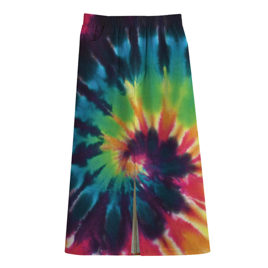 Black And Rainbow Tie Dye Print Cotton Front Slit Maxi Skirt